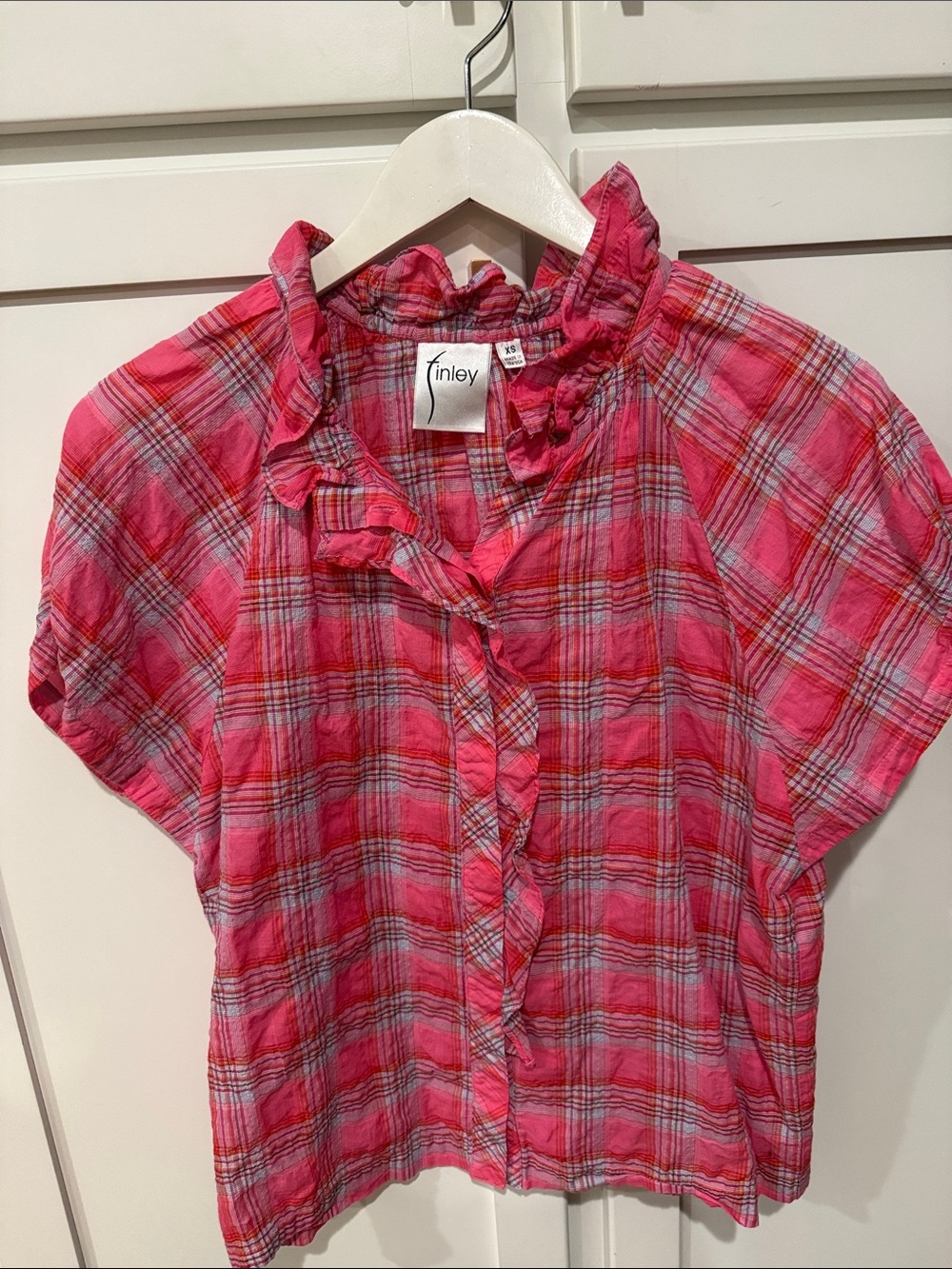 Finley Women’s Pink Plaid Ruffle-Trim Top